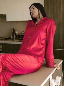 Andrea Bello 2 件套女士奢华蕾丝边睡衣套装，舒适优雅的细节，秋季服装 - 酒紅色 - 查看 4