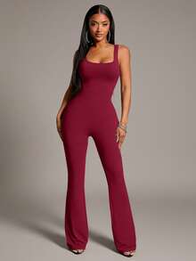 Radiana 大码女式酒红色露背无袖喇叭连体裤，高个款 - 酒紅色 - 查看 6