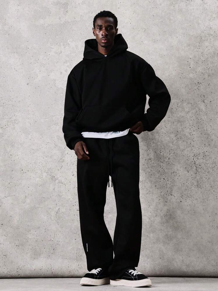 SUMWON Essentials Oversized Pullover Hoodie And Wide Leg Sweatpants Set With Centre Pocket And Drawstring Hood Plain - Black - View 3