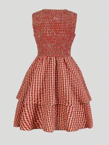 Sparklyn 复古甜美格纹半身裙，百搭实用，适合日常、约会和短途旅行等场合。无袖设计搭配收腰剪裁，凸显肩部和腰部线条。双层A字裙摆，蓬松飘逸，灵动俏皮。面料清爽舒适。短款设计兼顾时尚与得体，适合年轻女性穿着。 - 紅色 - 查看 2