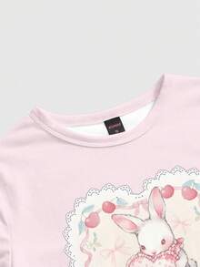 ROMWE Kawaii Spring/Summer Valentine's Day Pink Casual Graphic Cute Lace Heart Rabbit Print Innocent College Style Sexy Women Short Sleeve T-Shirt - Pink - View 4