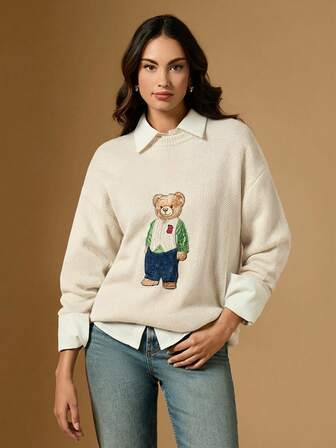 Briarwyn Women's Casual Daily Bear Embroidery Drop Shoulder Round Neck Sweater, Autumn/Winter,Sweaters For Women