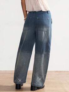 Bohemela 镶钻宽松休闲牛仔阔腿裤，适合度假和派对穿着 - 藍色 - 查看 7