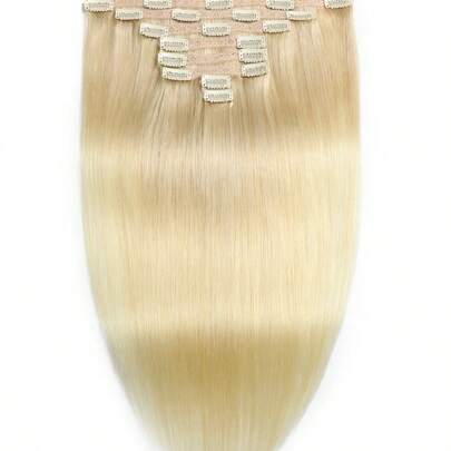 8pcs Straight Clip In 613 Blonde Virgin Human Hair Extension Clip-In Hair Extension Blonde Weft Hair Extension Hair Weaves Blonde Color Clip Ins Hair Extensions Halloween Costumes