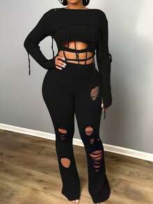 BamGleam 女士针织长裤，高腰微喇叭粉色修身性感度假旅行休闲派对服装，适合春、秋、夏、冬四季穿着。 - 黑色 - 查看 3