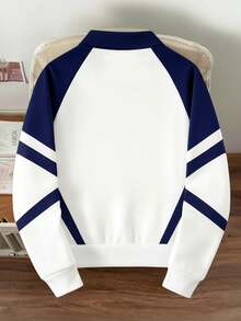 Manfinity Joysei Men's Fashionable Geometric Pattern Polo Collar Sweatshirt, Suitable For Autumn/Winter, School, Outdoor - Blue and White - View 2
