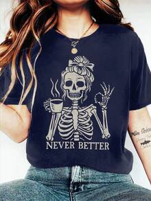 EMERY ROSE 咖啡骷髅女孩字母标语圆领短袖时尚大码女式T恤 - 藍色 - 查看 1