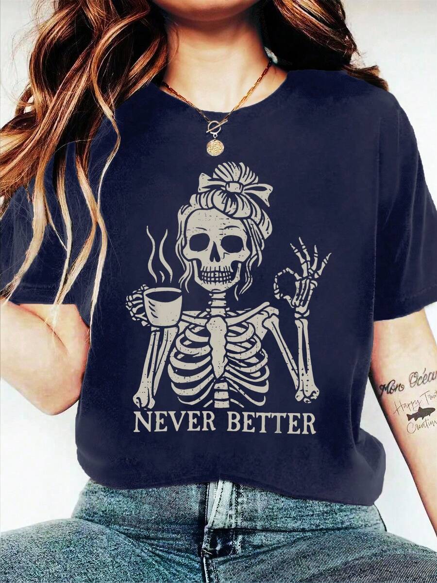 EMERY ROSE 咖啡骷髅女孩字母标语圆领短袖时尚大码女式T恤 - 藍色 - 查看 1