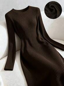 Franclia 女士条纹纹理优雅圆领中长连衣裙 - 深棕色 - 查看 7