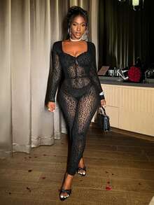 Slaydiva 新款春夏音乐节情人节休闲简约基础款Y2K街头甜美网红热销日常约会辣妹风性感透视方领罩杯收腹蕾丝边修身长裤豹纹网纱紧身连体裤女士性感蕾丝连体裤 - 黑色 - 查看 13