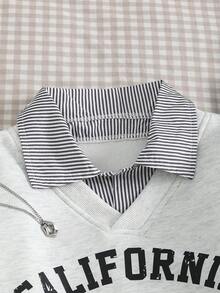 少女卫衣，休闲学院风百搭二合一卫衣衬衫领，数字字母印花豹纹图案，宽松版型 - 淺灰色 - 查看 4