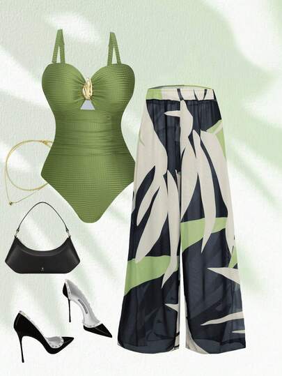 Swim Oasis Plus Size Women Green Jacquard Fabric Casual Vacation Spaghetti Strap Low Neck One-Piece Swimsuit With Sarong Beach Cover Up 2-Piece Swimwear Set, Green Vacation Outfit Woman Summer Outfit Set Resort Outfits Green Outfit Women Jungle Theme Outfit