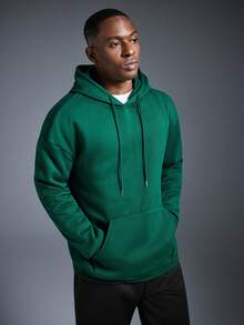 Driftmere Moletom Casual com Capuz, Manga Longa, Ombro Caído, Cordão, Bolso, Cor Sólida, Outono/Inverno, Volta às Aulas - Verde - Visão 4