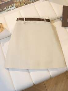 INAWLY Plus Size Women Solid Color Casual Commuter Versatile Skirt - Beige - View 2