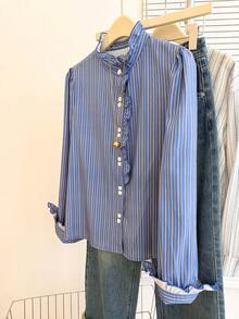 Franclia 女士休闲通勤条纹荷叶边下摆衬衫，秋季