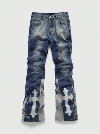Jeans acampanados de moda casual para hombres con lavado y estampado de cruz