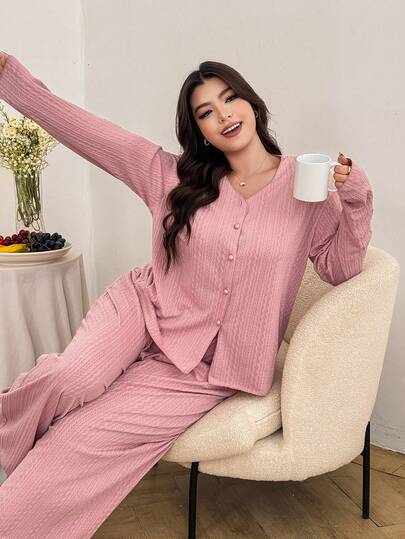 Dazy Plus Fashionable & Elegant Loose V-Neck Long Sleeve Top & Pants Plus Size Women Pajama Set, Pink