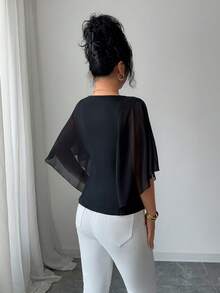 Rafferiza 女士优雅雪纺披肩领刺绣蕾丝衬衫，时尚轻盈，百搭修身，款式新颖，适合春秋季、感恩节、派对、外出、通勤、商务、办公、日常休闲穿着、教师节等场合。 - 黑色 - 查看 2