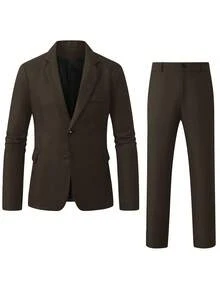 Manfinity Mode 男士休闲商务套装，采用纹理面料，适合日常通勤穿着，也是送给男友和丈夫的理想礼物。男士西装，男士办公服，男士卡其色西装，男士休闲西装，修身卡其色，罗纳尔多风格，老钱系列，日常休闲，周末旅行，户外活动，探险旅行，轻松的工作环境或半正式场合，男友/丈夫礼物，周年纪念/生日礼物，派对，圣诞节，新年，婚礼 - 棕色 - 查看 3