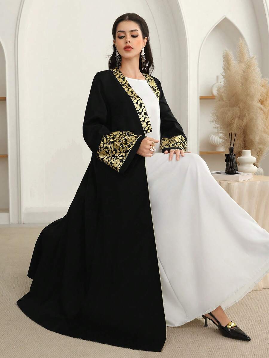 Al Najma 2025 New Elegant Middle Eastern Fashion Gold Foil Trim Cardigan Abaya Dress For Women - Black - View 1