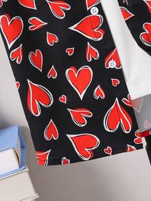 Boys' Gentleman Black Casual Street Heart Print Slim Fit Turndown Collar Button-Up Short Sleeve Shirt - Black - View 6