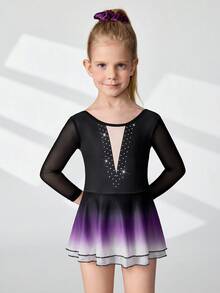 SHEIN Young Girls Activewear Figure Skating Dress,Sport Autumn Training Competition,Fashionable Raglan Sleeve,Anti-Flashing Skirt,High Elasticity Comfort - Black and White - View 5