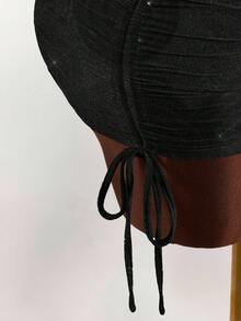 Amplova 女士性感简约纯色深V领露背露脐吊带上衣和抽绳褶皱短裤两件套，夏季 - 黑色 - 查看 11