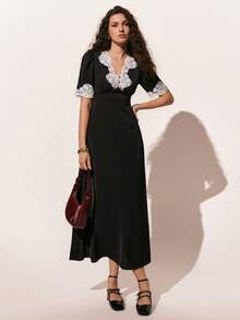 Poéselle Women's Color Block Lace Patchwork V-Neck Raglan Sleeve Waist Cinched Long Dress,Black Lace Trim Maxi Dress - Puff Sleeve Elegant Evening Outfit For  Parties,Summer Dress, Women S Western Dress, Black Dresses For Women Summer, Black Western Dress, French Style Dress - Black and White - View 2