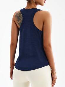 SHEIN Sports Plus Size Women's Casual Solid Color Round Neck Racerback Tank Top, Summer - Navy Blue - View 5