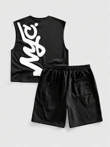 ROMWE MEN Street Life Men's Casual Graphic Print Tank Top & Drawstring Shorts Set - Black - View 2