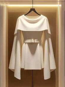 GlowEve Women's Woven Fabric Round Neck Detachable Shawl Collar Asymmetric Flared Long Sleeve Belted A-Line Apricot Vintage Elegant Business Office Commute Date Shirt, Spring Autumn Winter