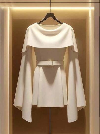 GlowEve Women's Woven Fabric Round Neck Detachable Shawl Collar Asymmetric Flared Long Sleeve Belted A-Line Apricot Vintage Elegant Business Office Commute Date Shirt, Spring Autumn Winter