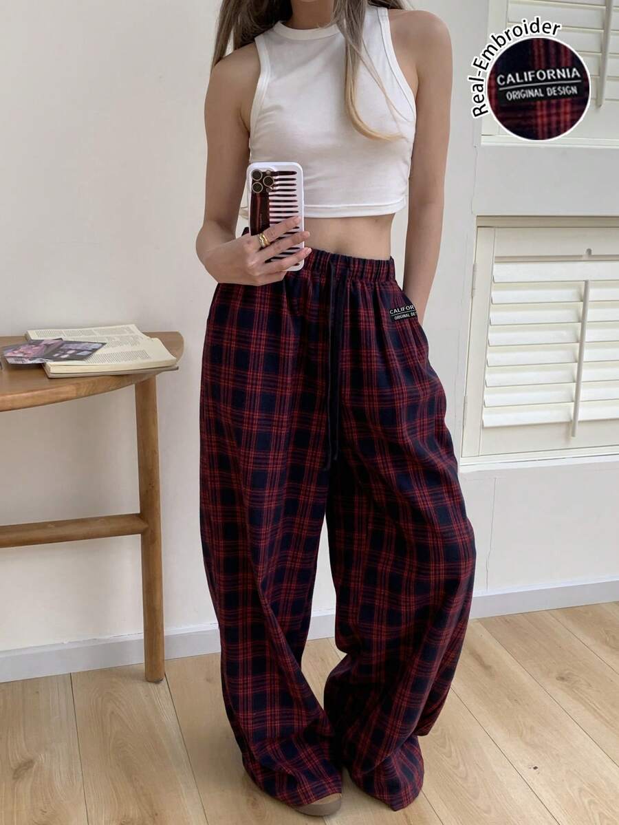 SHEIN EZwear Women's Blue Contrast Casual Comfortable Lounge Pants Spring Pants - Red - View 1