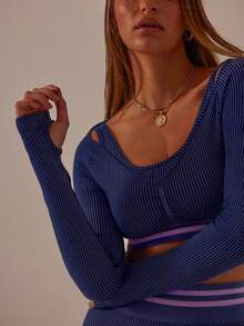 Aralina Leisurewear Seamfree Two Tone Ribbed Long Sleeve Ruched Front With Double Layer Tank Tipping Top And Legging Active Gym Workout Two Pieces Women Set - Navy Blue - View 9