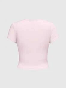 ROMWE Kawaii Spring/Summer Valentine's Day Pink Casual Graphic Cute Lace Heart Rabbit Print Innocent College Style Sexy Women Short Sleeve T-Shirt - Pink - View 2