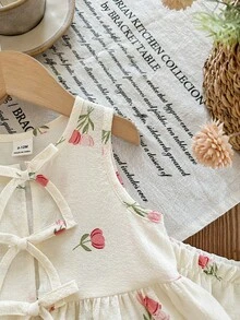 SHEIN LMoss Kids 女婴可爱夏季粉白条纹蝴蝶结无袖上衣和松紧腰短裤套装 - 粉色 - 查看 5