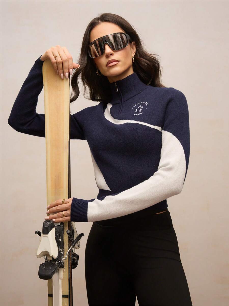 Activina Áo len cổ lọ tay dài phối màu chơi golf & tennis cho nữ - Xanh và trắng - Xem 1