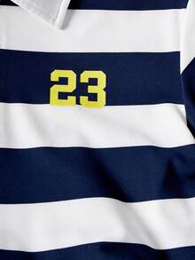 SHEIN Boys' Casual Versatile Polo Shirt With Striped Polo Player Graphic, Short Sleeve, Spring/Summer Boys Polo Striped Polo Shirt