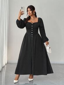 Elenzga Damen Große Größen Kleid mit Herzausschnitt, Polka Punkte, Einreiher, Taillenzug und Langarm für Partys - Schwarz - Übersicht 3