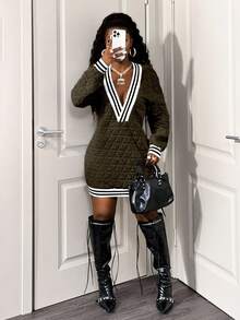 BamGleam Deep V-Neck Textured Padded Knit Striped Long Sleeve Fashionable Winter Mini Dress - Army Green - View 5