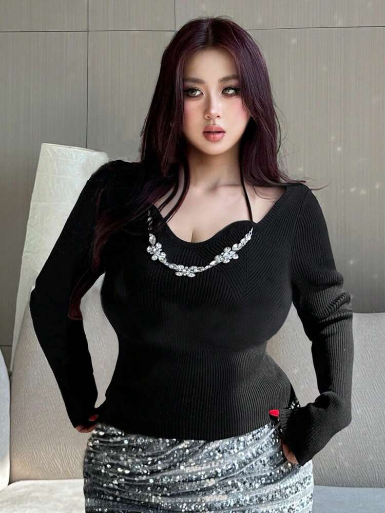Dazy Plus Valentine Solid Color Rhinestone Patchwork Slim Fit Turtleneck Long Sleeve Pullover Sweater, Suitable For Banquet, Date, Party, Autumn/Winter