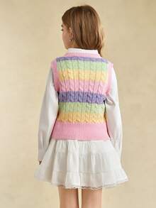 Sparklyn 春秋马卡龙拼色条纹纹理无袖圆领可叠穿毛衣背心女童款，常规厚度，适合日常休闲、上学、户外、聚会场合 - 彩色 - 查看 2