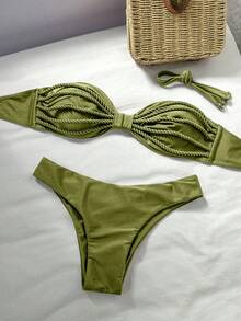 Swim Vcay Bộ 2 chiếc/Bộ đồ bơi gợi cảm dây thừng trang trí màu trơn áo bikini bandeau và quần cắt cao, xuân/hè - Màu xanh Ô liu - Xem 7