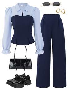 SHEIN 两件套女童青少年套装 时尚优雅通勤装 黑蓝条纹长袖衬衫上衣 + 藏蓝色宽松阔腿裤 女童套装 - 藍色 - 查看 1