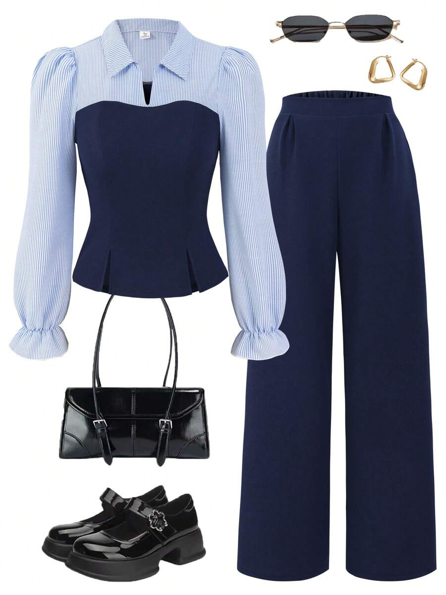 SHEIN 两件套女童青少年套装 时尚优雅通勤装 黑蓝条纹长袖衬衫上衣 + 藏蓝色宽松阔腿裤 女童套装 - 藍色 - 查看 1