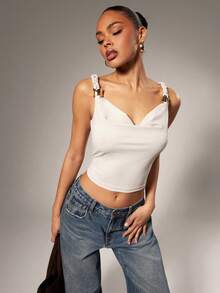 Hauture Women's Sexy Casual Braided Cowl Neck Cami Top With Stylish Gold Metal Decor - Light Yellow - View 2
