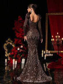 Glamrae 优雅奢华蕾丝拼接仿珍珠花卉美人鱼连衣裙，针织缎面面料，适合婚礼、派对、度假、舞会礼服（重工装饰）、情人节 - 棕色 - 查看 3