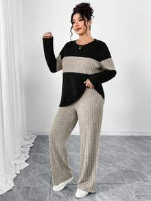 EMERY ROSE Bộ 2 món áo thun ôm dáng cổ tròn tay dài kẻ sọc màu cỡ lớn + quần ống rộng kẻ sọc, thanh lịch khi mặc ở nhà, đi chơi, hẹn hò, tiệc tùng - Nhiều màu - Xem 3