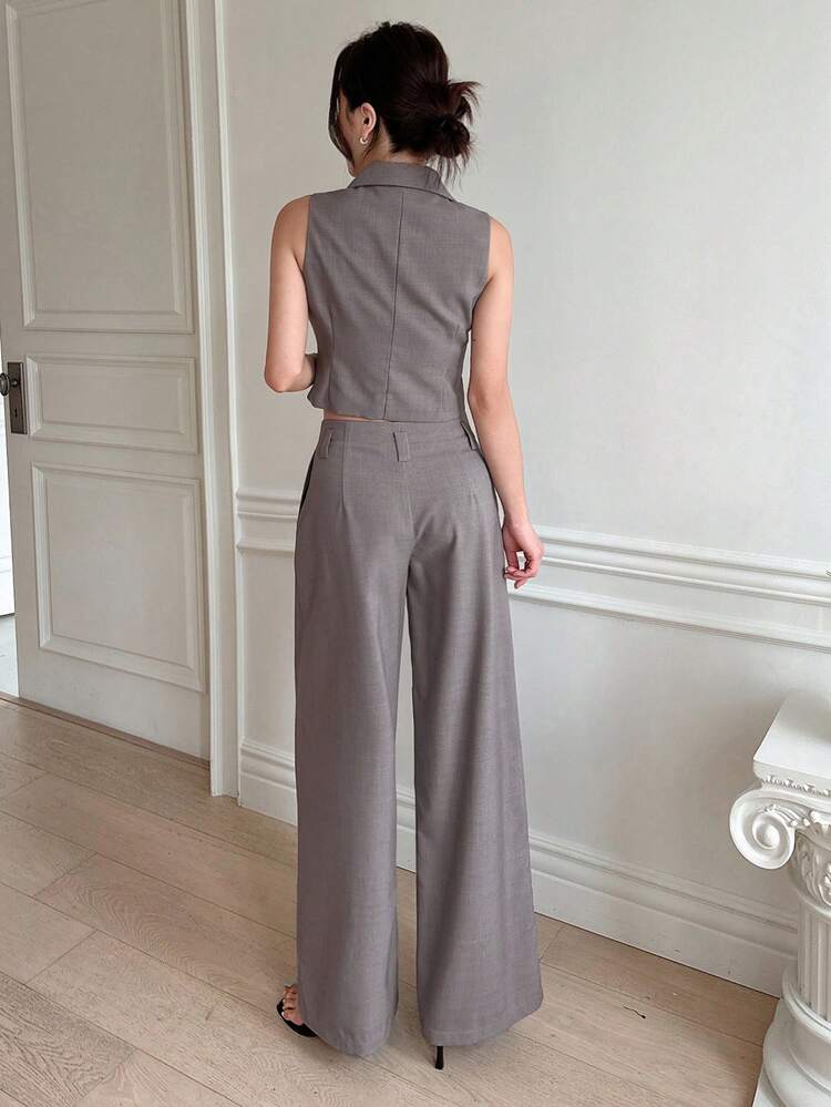 Women's Solid Color Suit Set - Lapel Button Sleeveless Top & Waist Belt Pocket Straight Leg Comfortable Pants Business Attire