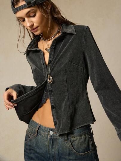 SoleilVie Women's Vintage Washed Black Fitted Shirt Cropped Denim Jacket Western Top Jeans Top Western Tops Free People